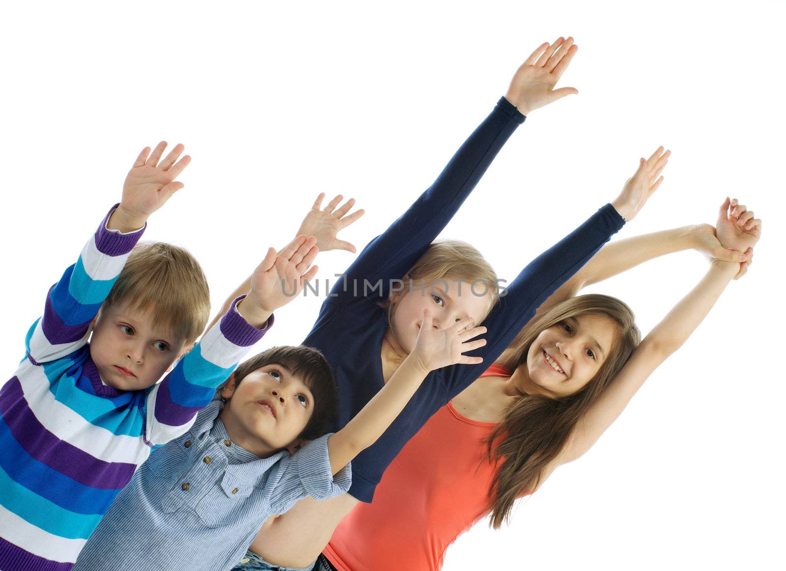 Two Boys and Two Girls with Hands Hanging Up isolated on white backgroud