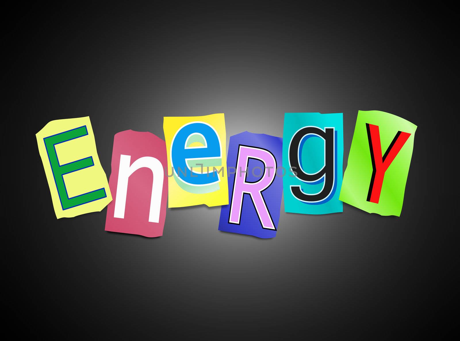 Illustration depicting cutout printed letters arranged to form the word energy.