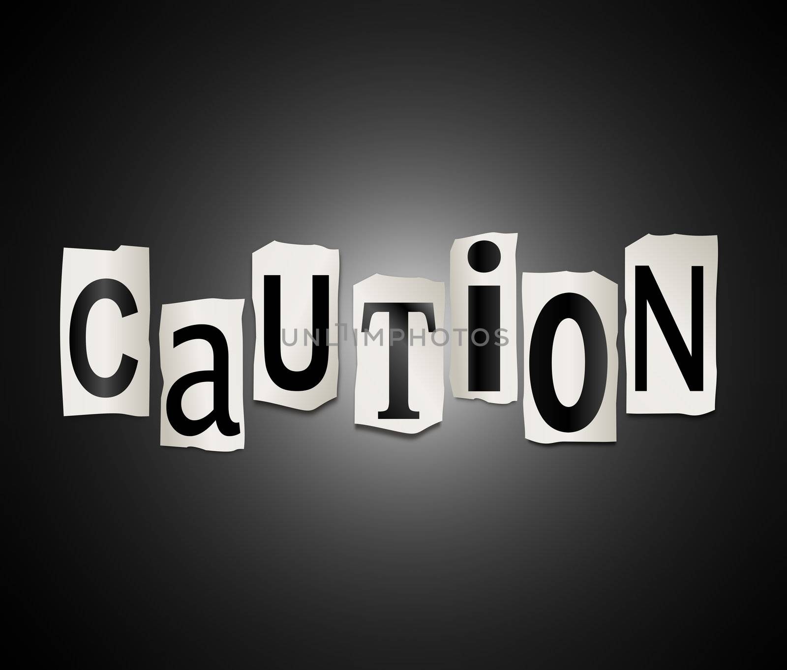 Illustration depicting cutout printed letters arranged to form the word caution.