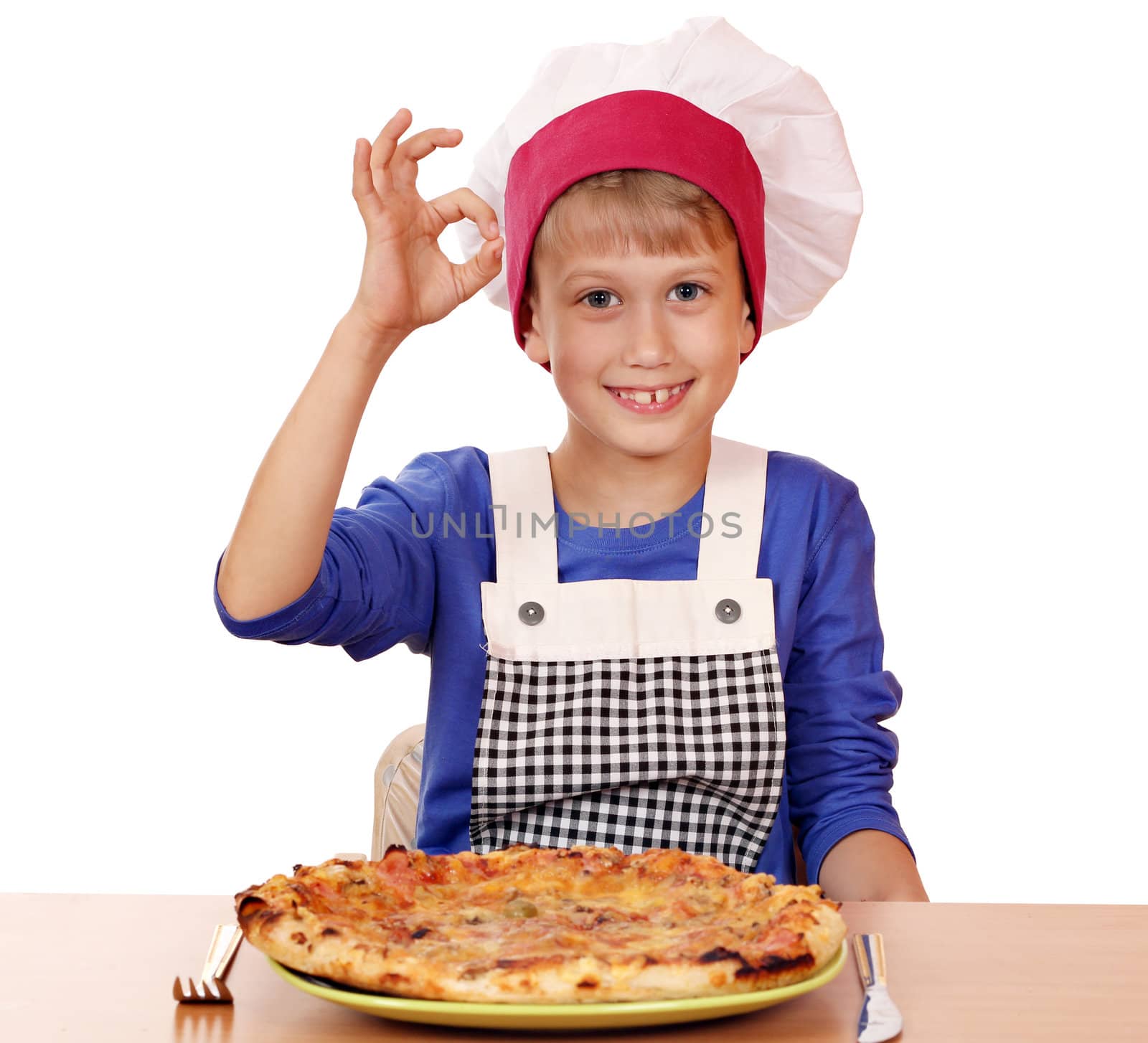 boy chef with pizza and ok hand sign by goce