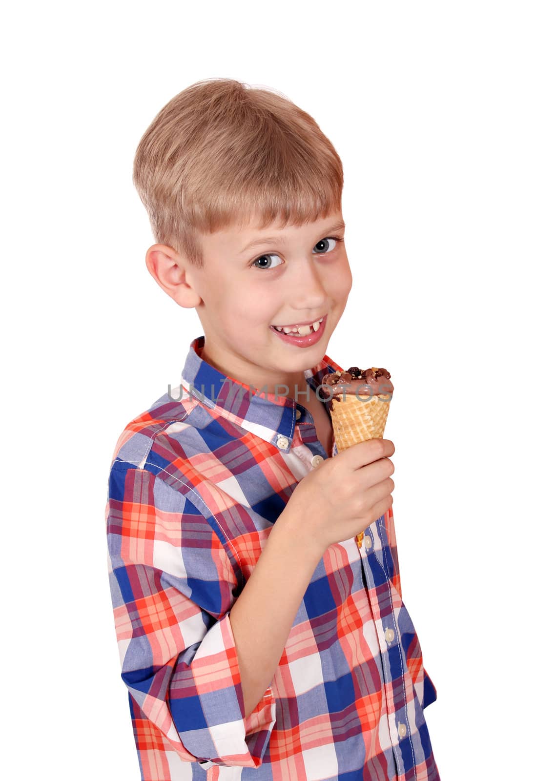 happy boy with ice cream on white 