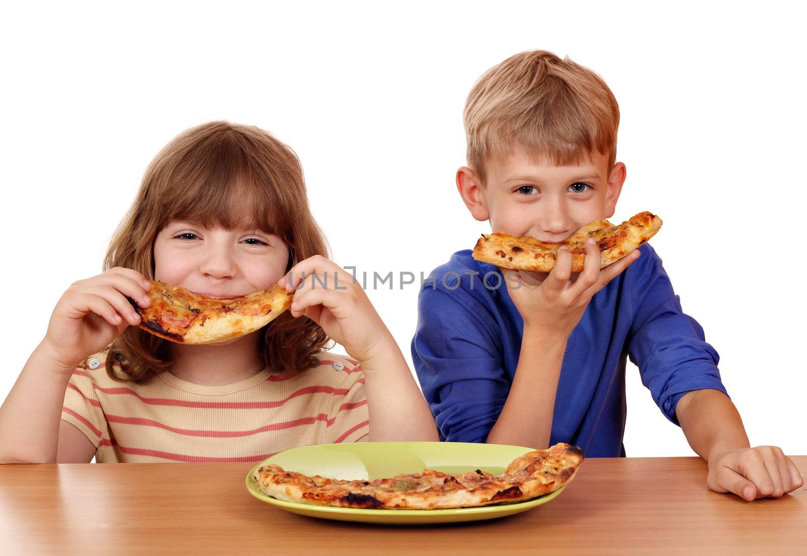happy little girl and boy eat pizza by goce