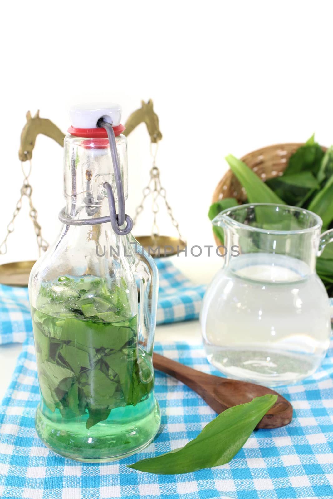 wild garlic tincture in a bottle with scale on light background