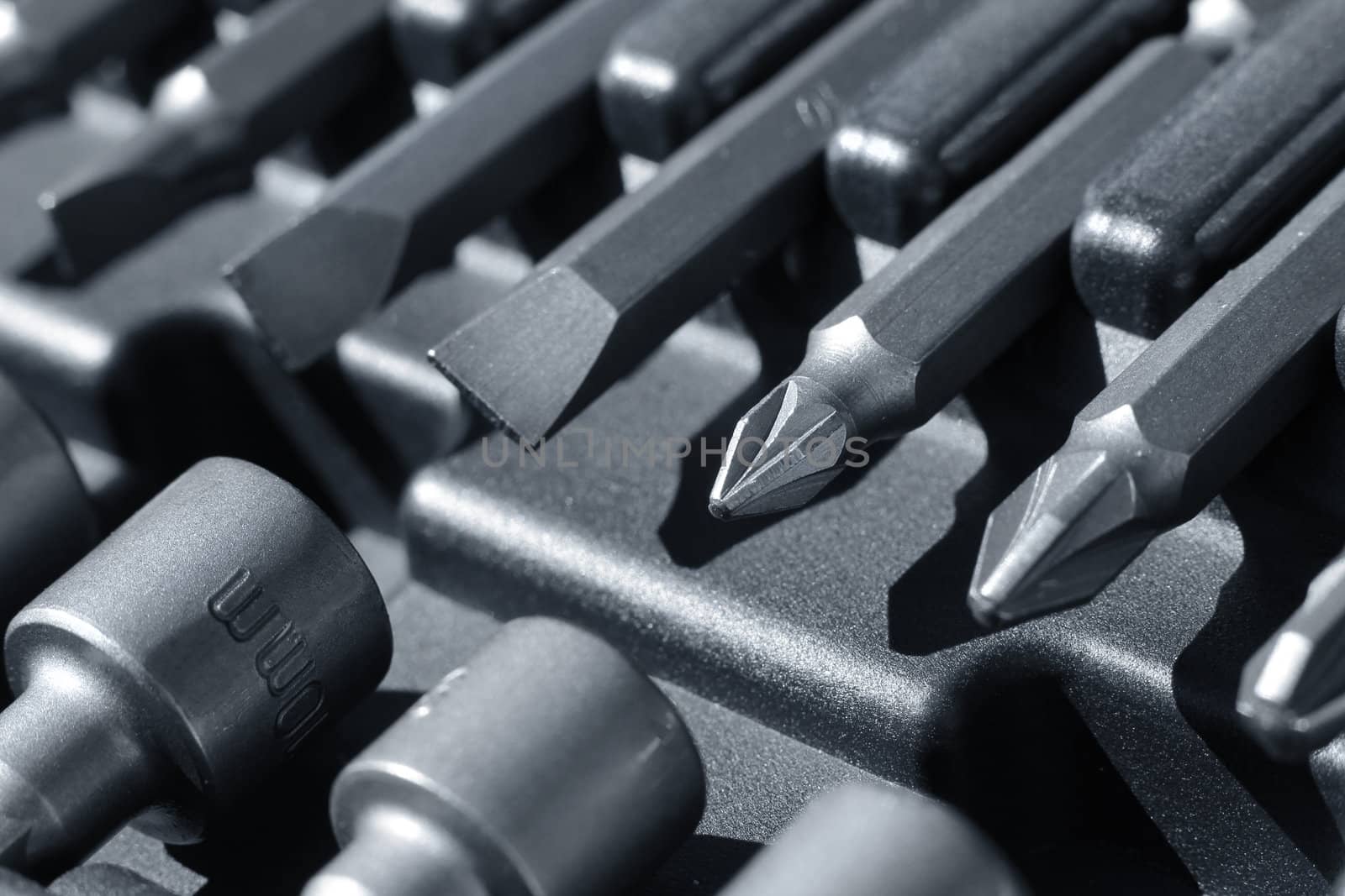 Hard metal tool bits box macro closeup