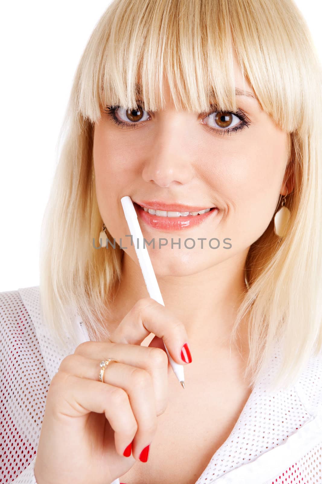 blond young woman with a pen