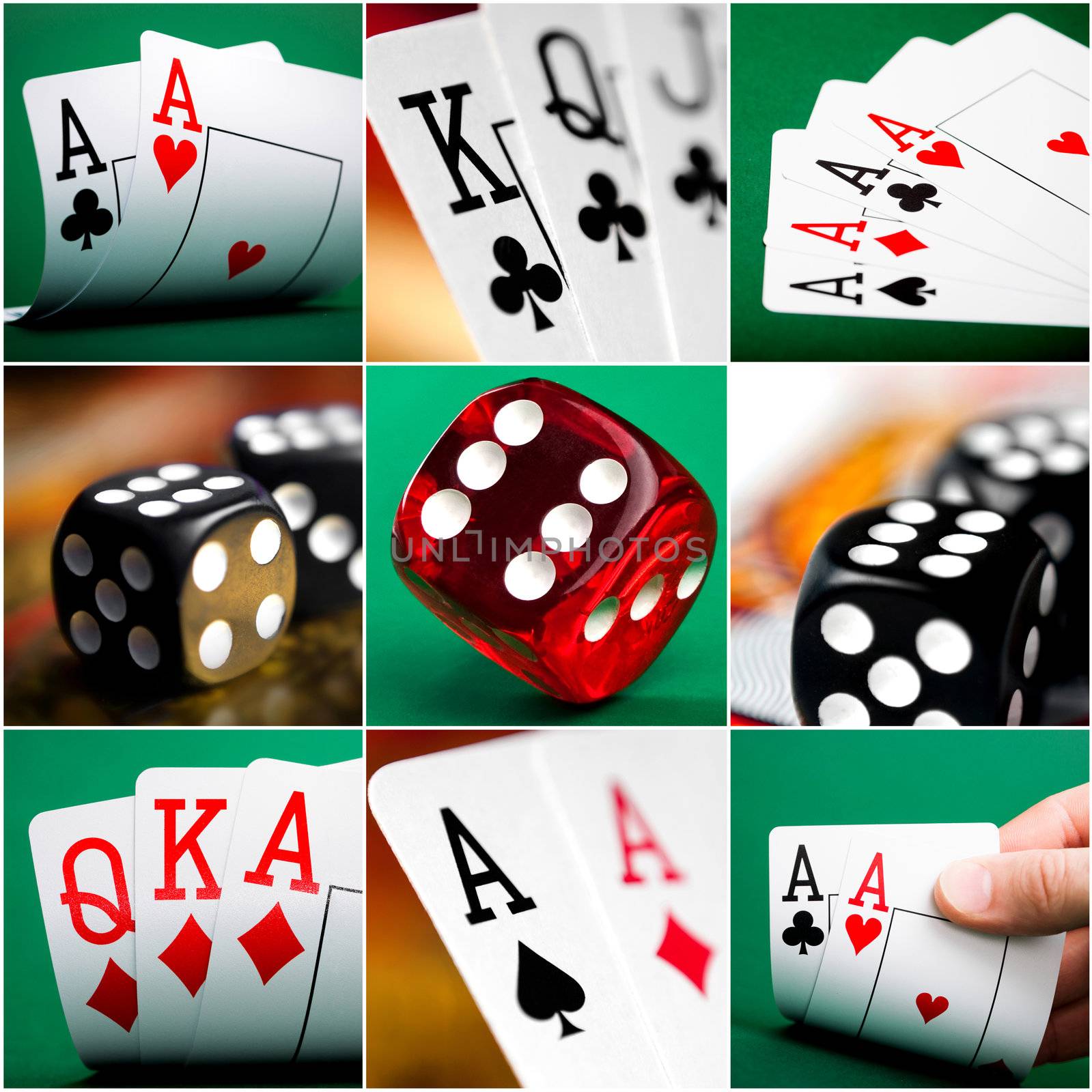set of different actions with cards and dice in casino