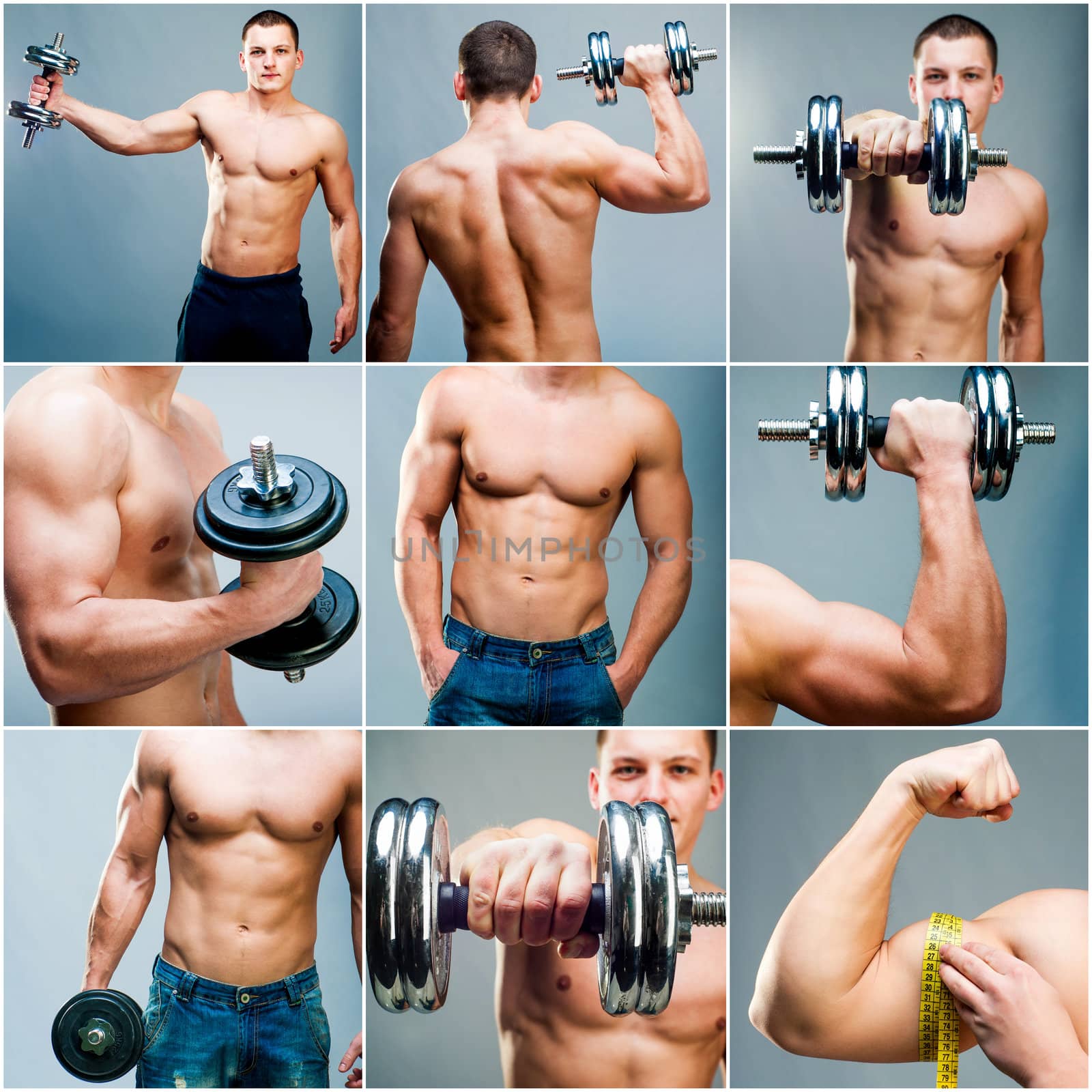 Set images of muscular man with dumbbells on a gray background