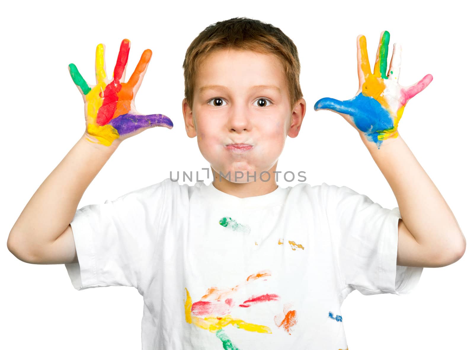 cute boy with hands in paint isolated on white background