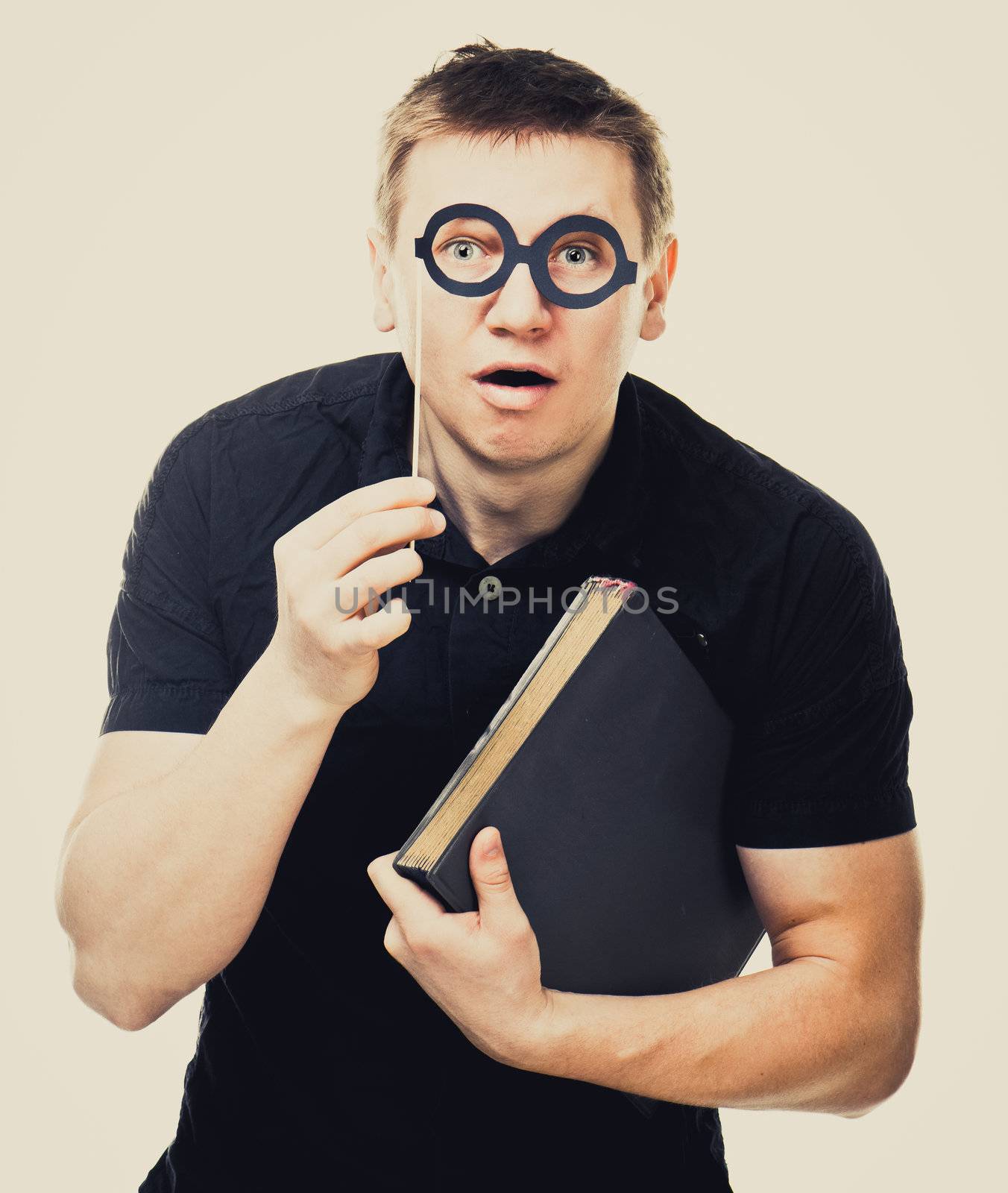 funny man with fake glasses and book