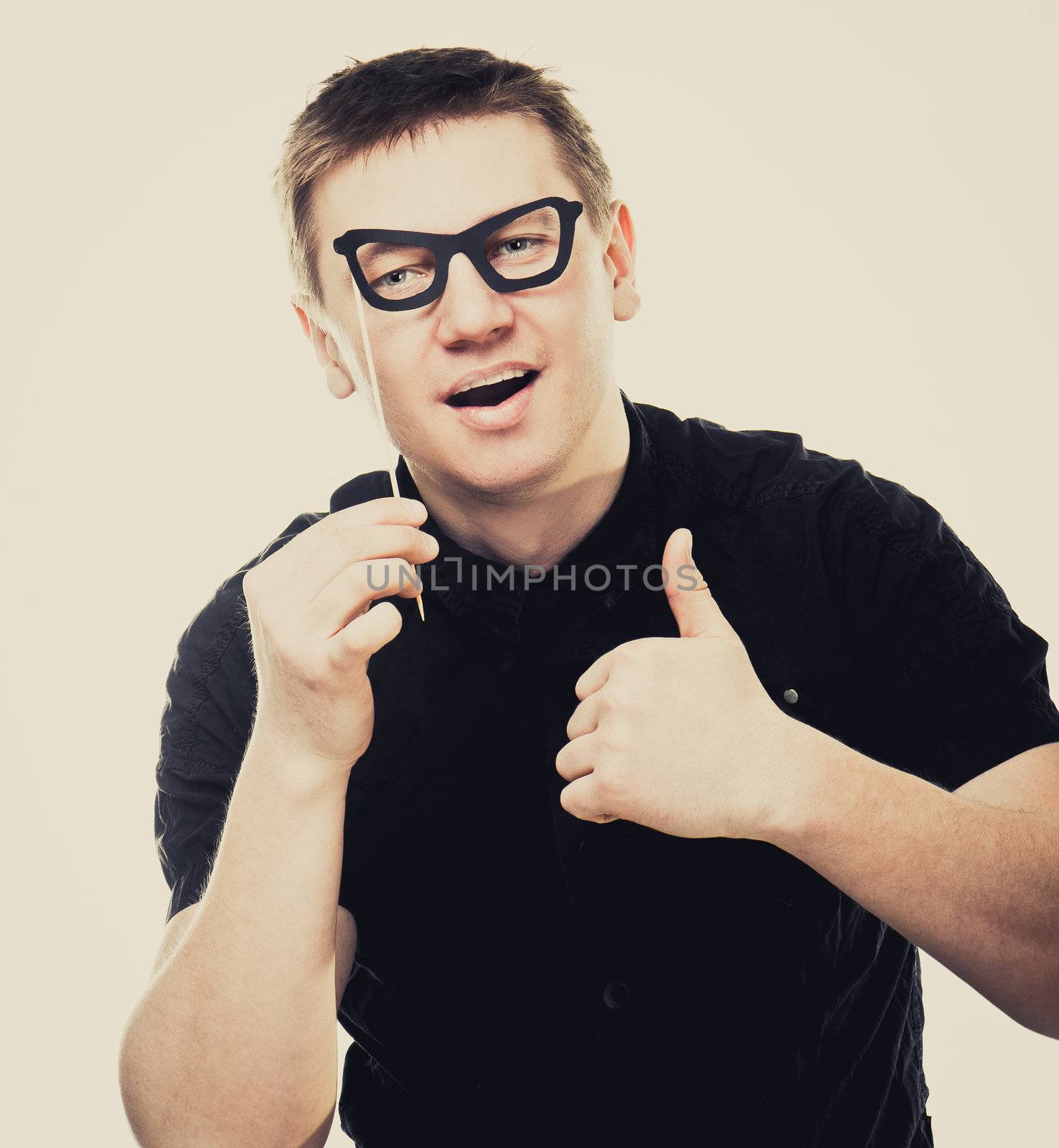 funny man with fake glasses thumbs up