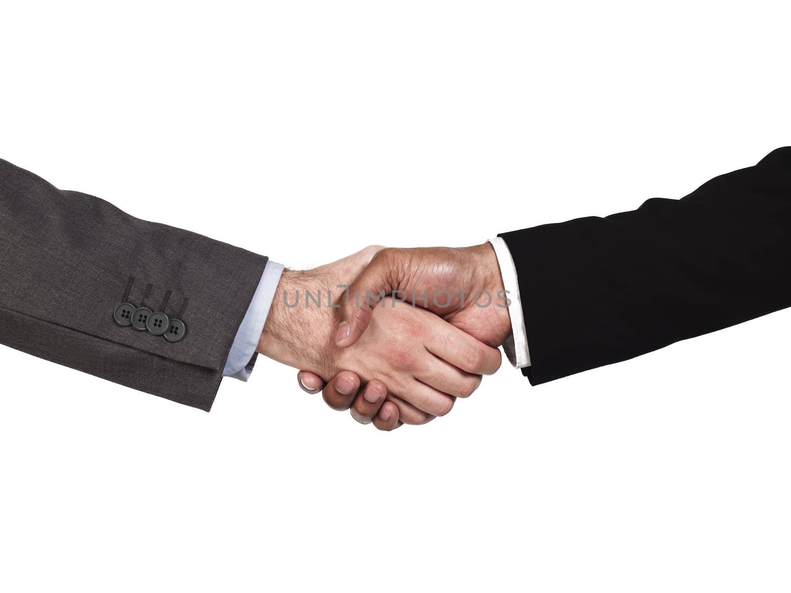 Cropped image of business people shaking hands on white background, Model: Kareem Duhaney