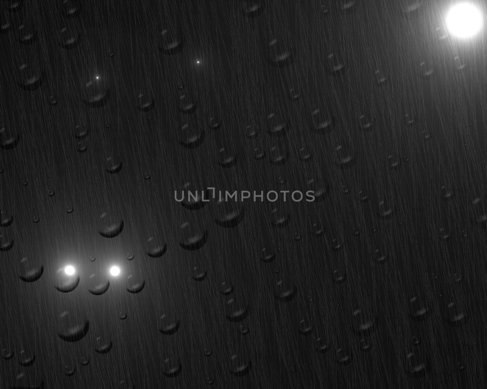 Black square glass with water drops and headlights of oncoming car