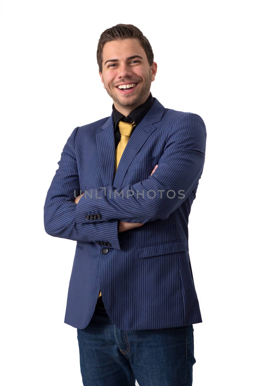 A young sympathetic businessman in a Blue suit with a golden tie