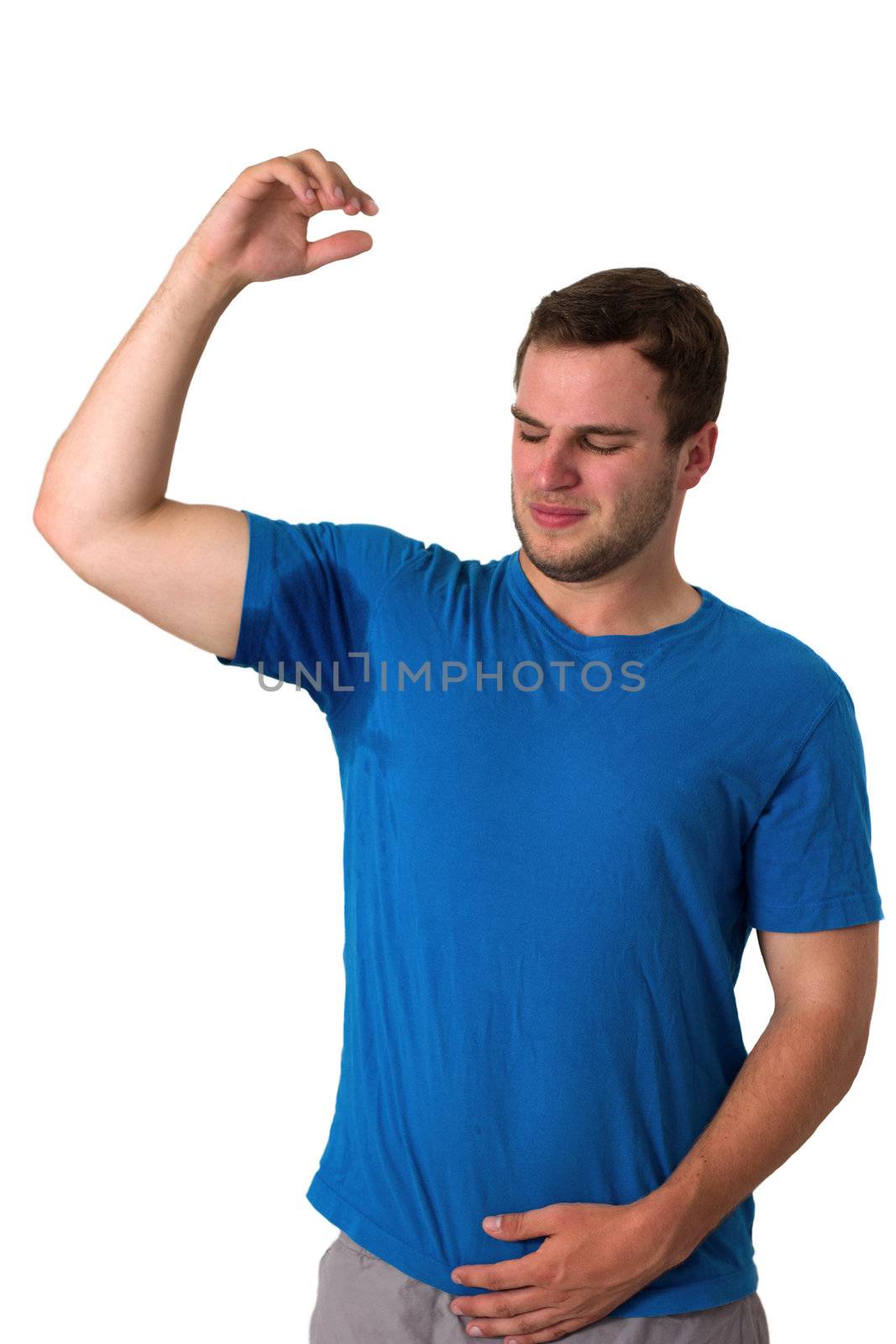 Man with Hyperhidrosis sweating very badly under armpit