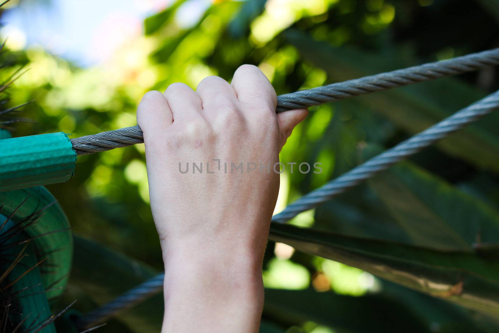 Hand holding onto a Wire cable by dwaschnig_photo