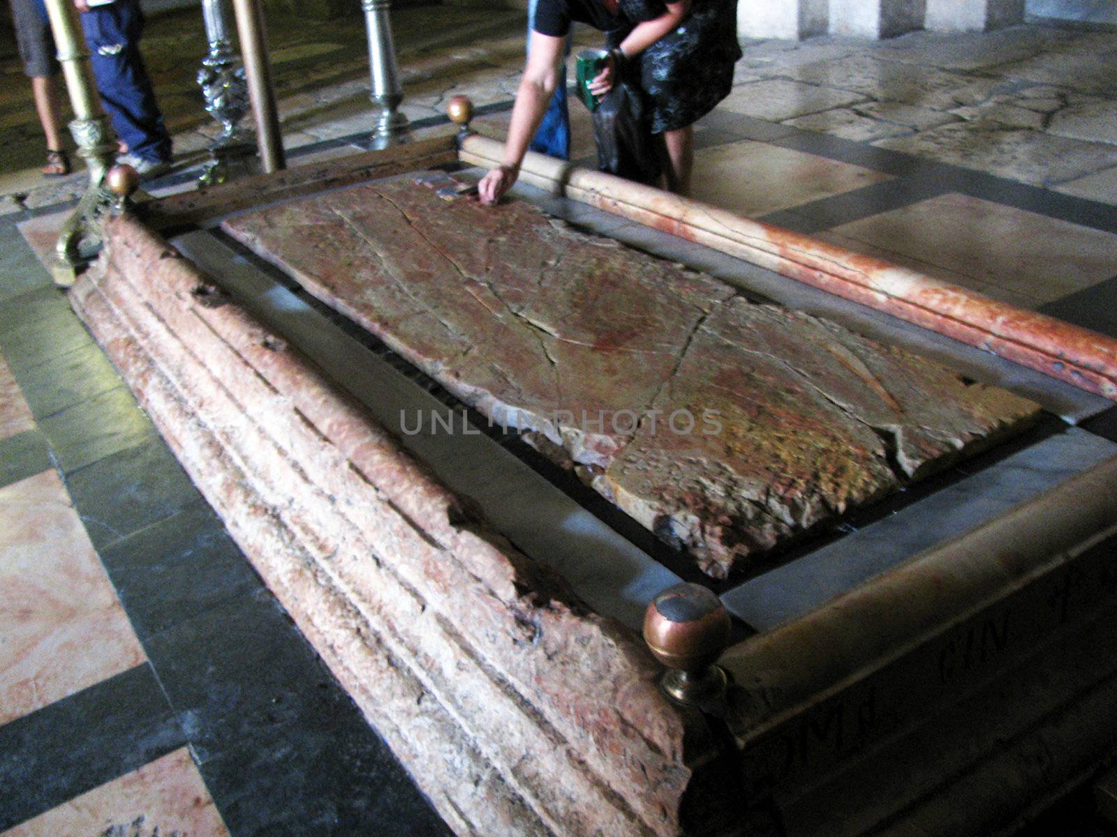 Stone of Anointing at the Church of the Holy Sepulchre.  Jerusalem. Israel