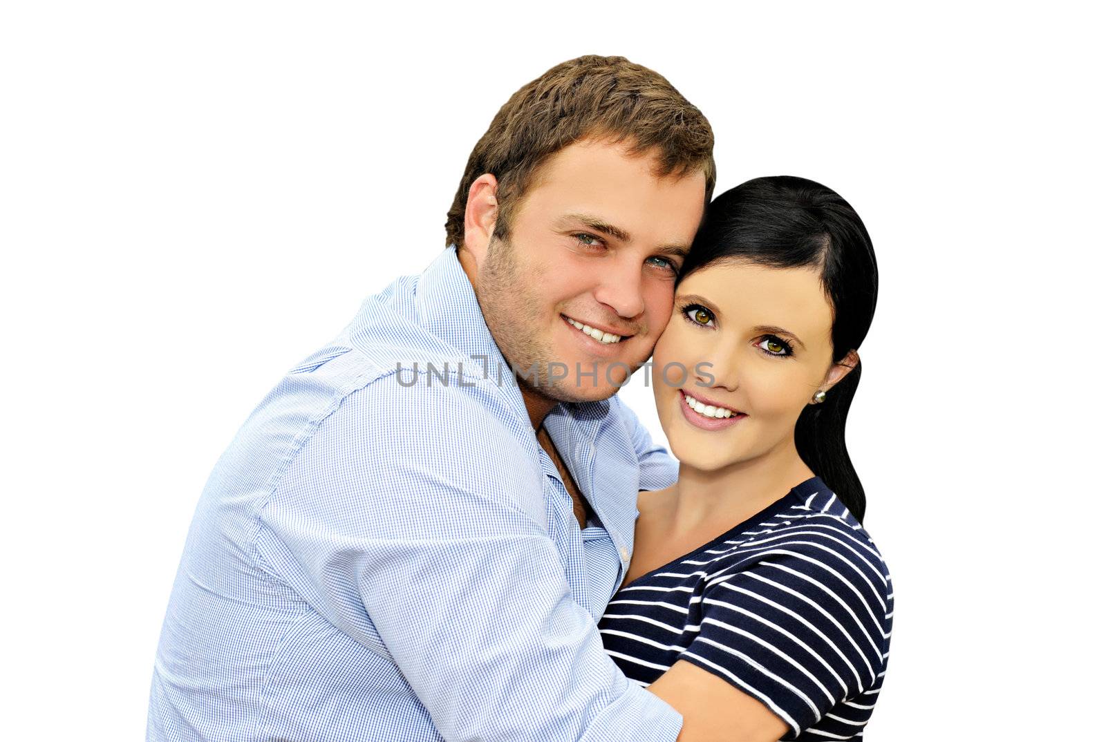 Beautiful happy young couple on white background with space for text