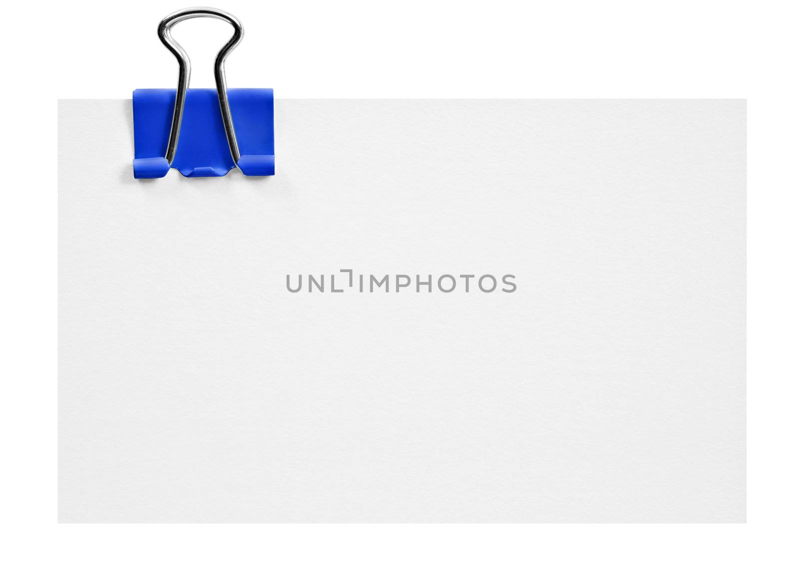 Blank white card with blue clip on white background by tish1