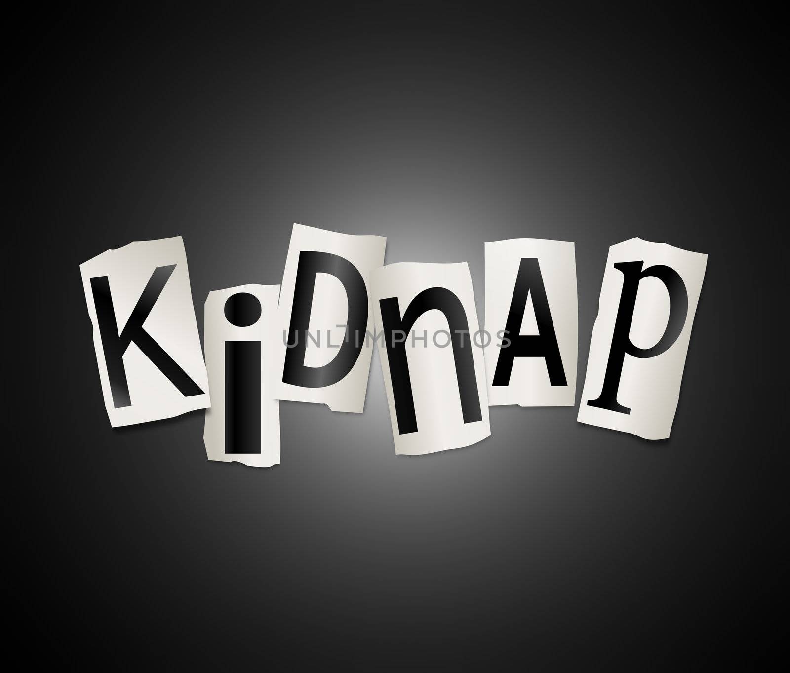 Illustration depicting cutout printed letters arranged to form the word kidnap.