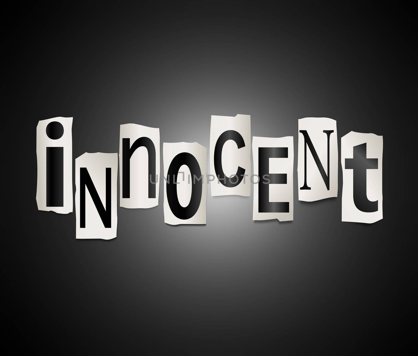 Illustration depicting cutout printed letters arranged to form the word innocent.