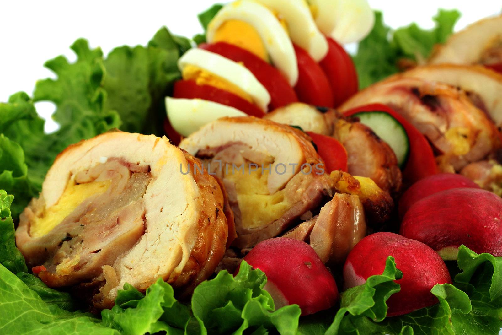 rolled chicken meat with salad