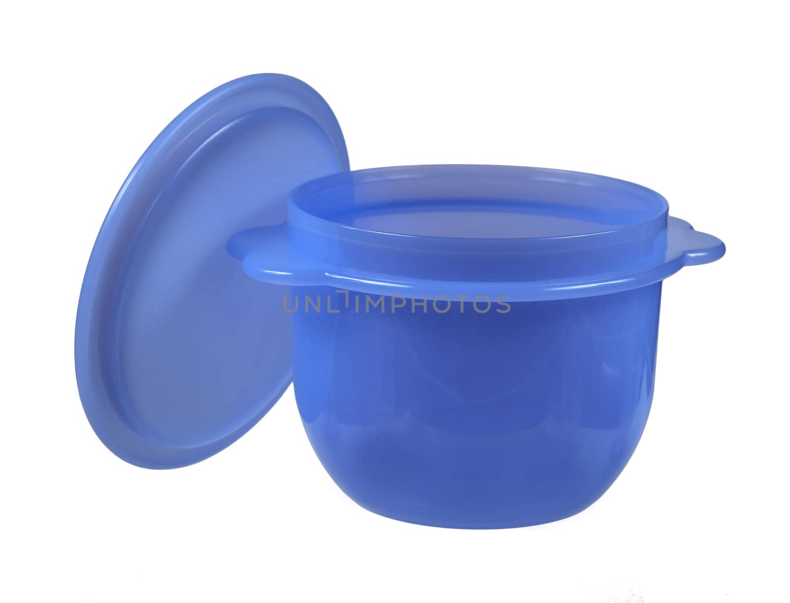 Blue plastic container with the lid open, isolated on white