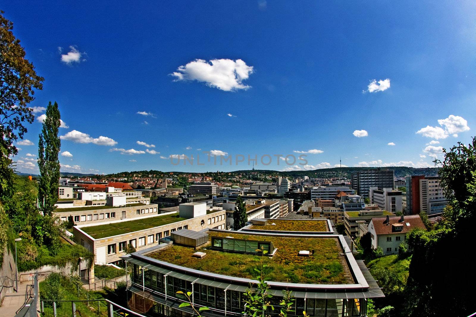 View over Stuttgart, Germany with the university of cooperative education in the foreground