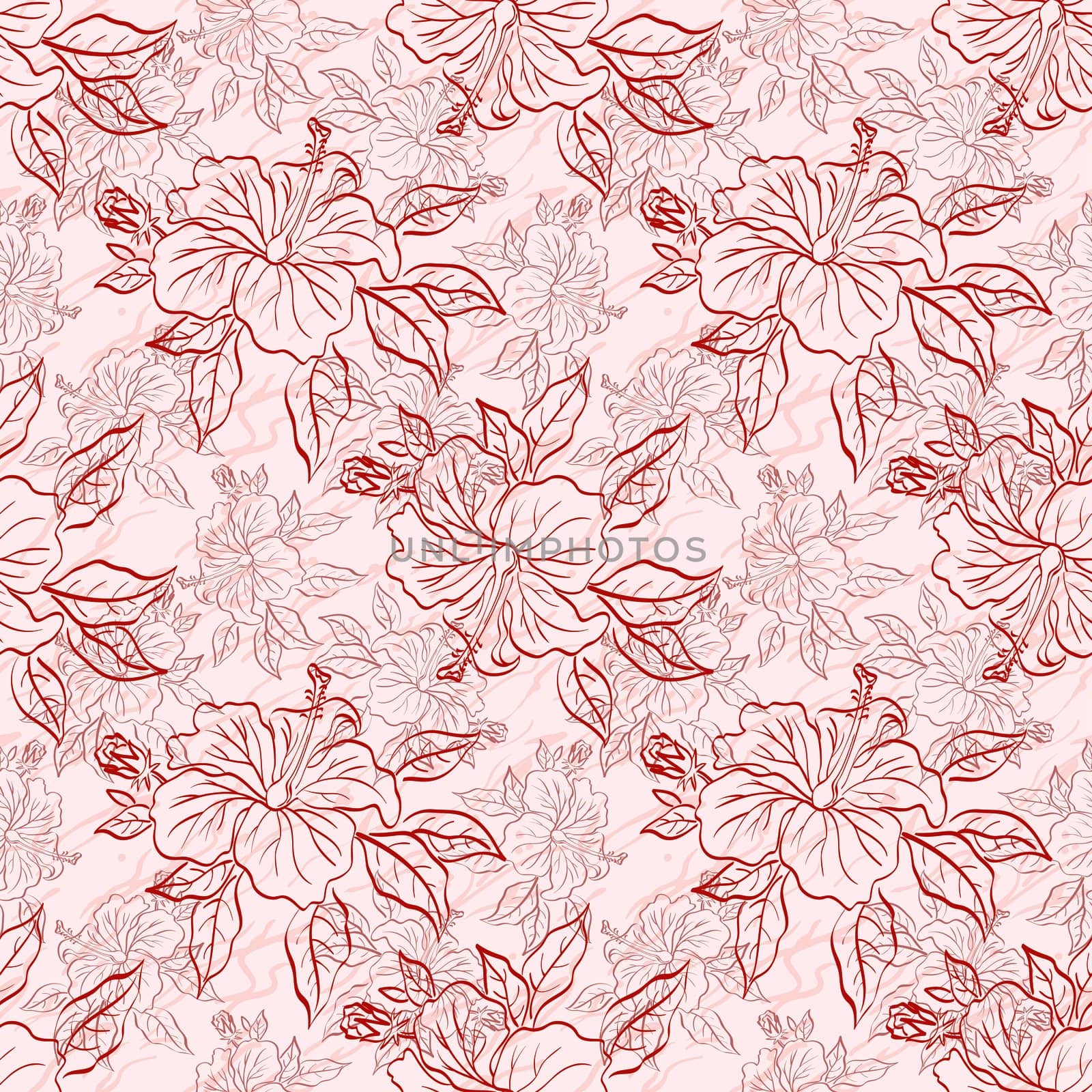 Seamless floral background, hibiscus flowers and leaves, red contours on white.