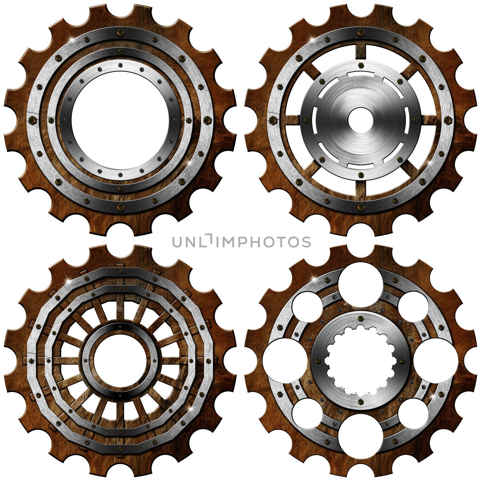 Four metal and brown gears with bolts isolated on white background