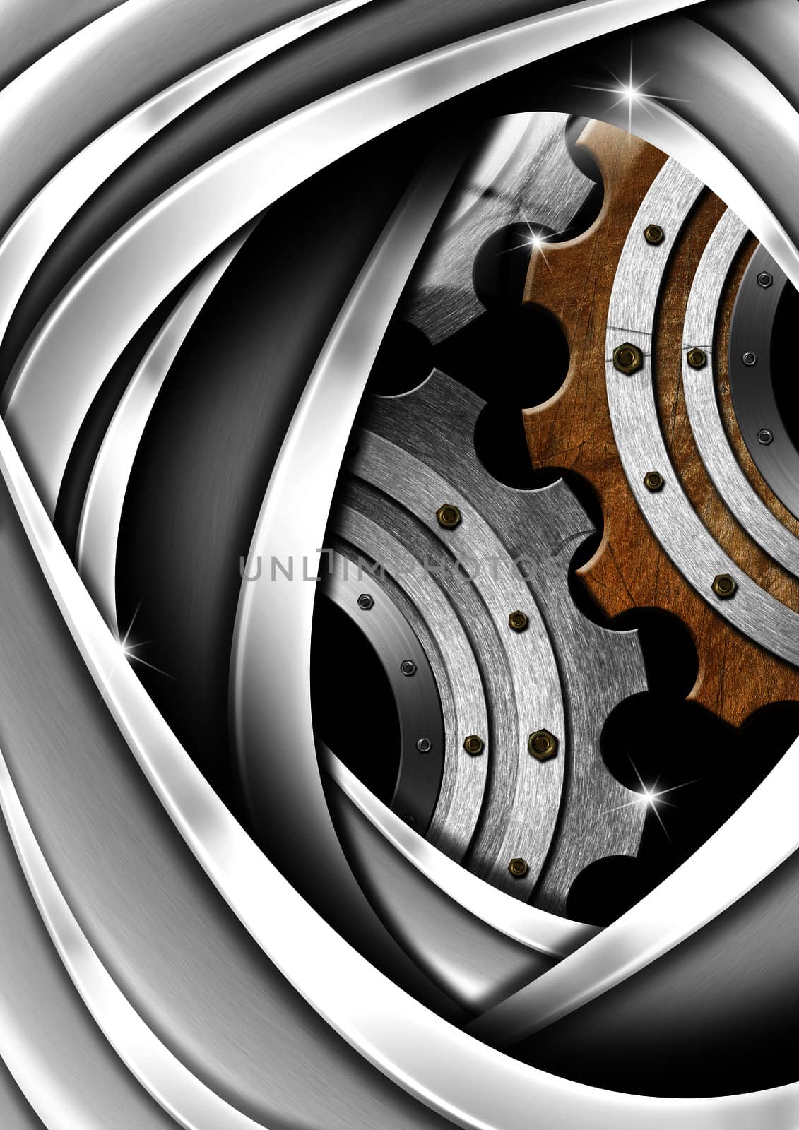 Industrial metal background with metal gears - gray and brown