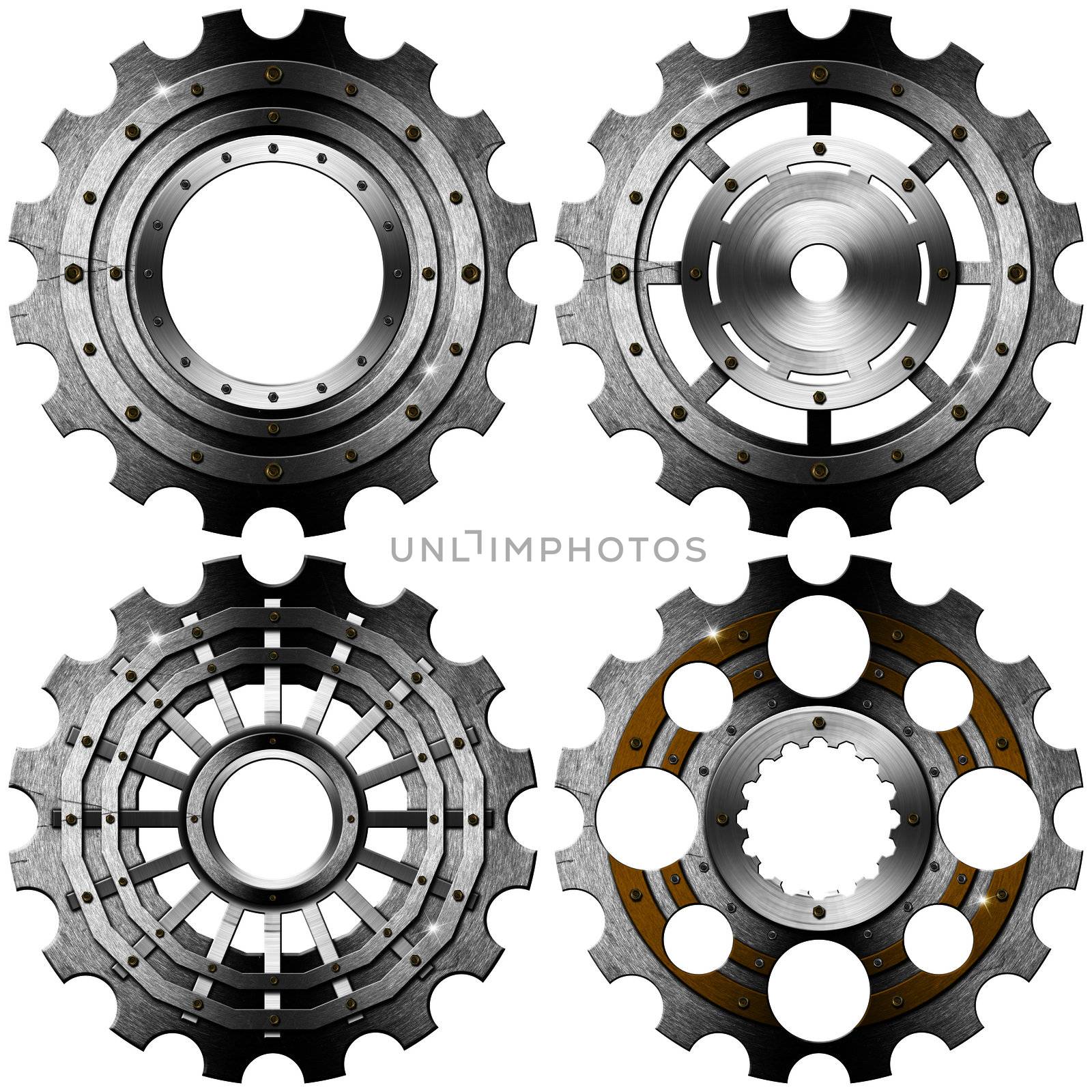 Four metal and gold gears with bolts isolated on white background