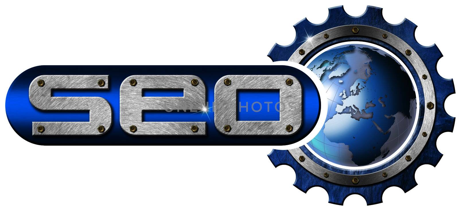 Illustration with metal written SEO, metal gear and blue globe
