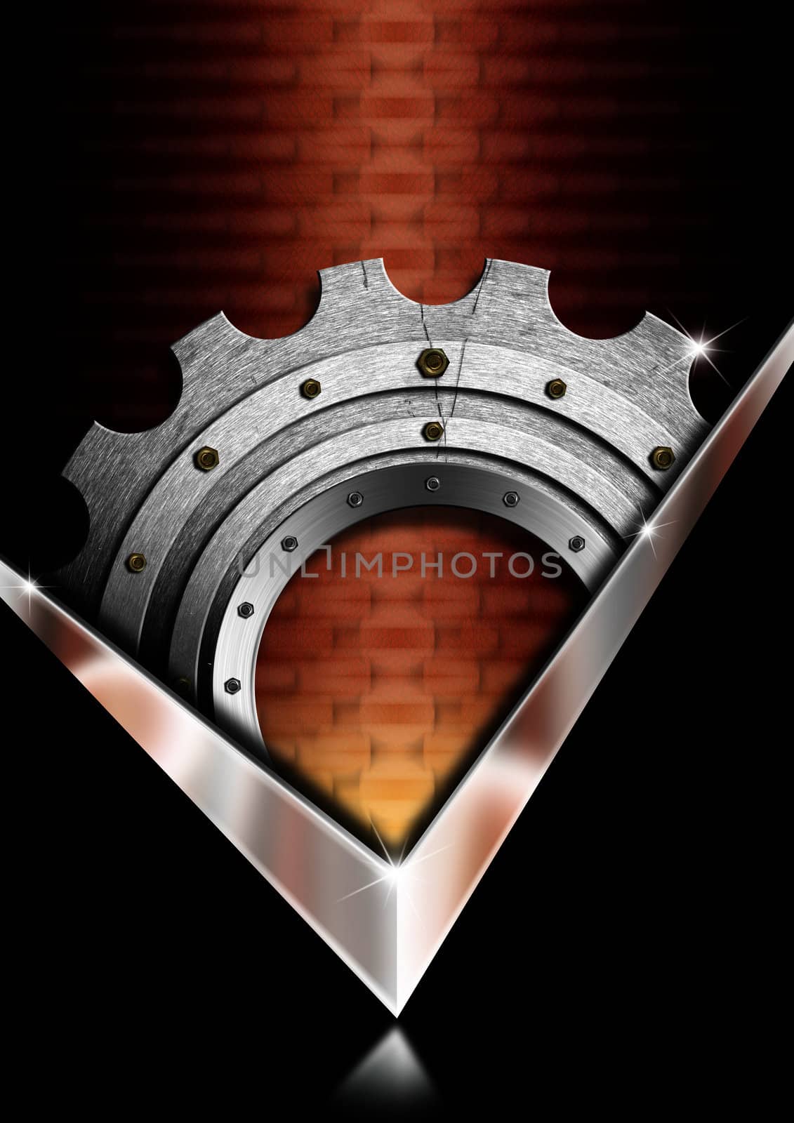 Industrial background with metal gear on a red background