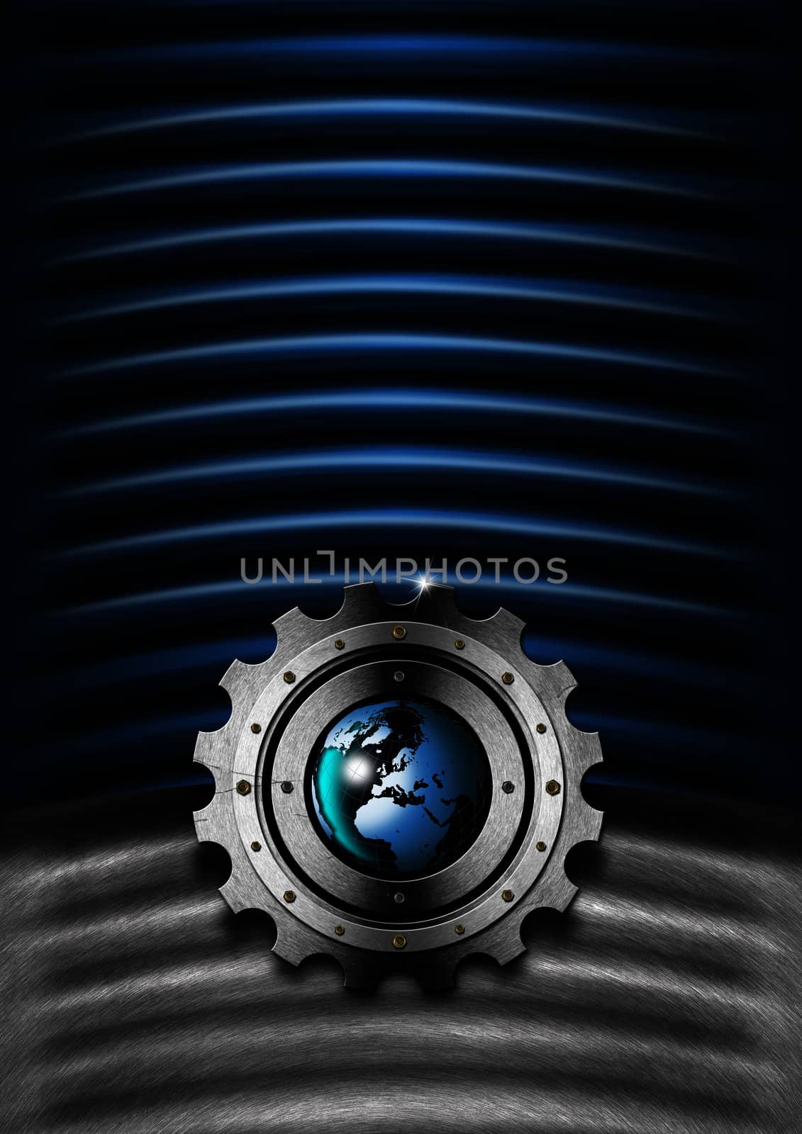 Industrial metal background with gear and blue globe
