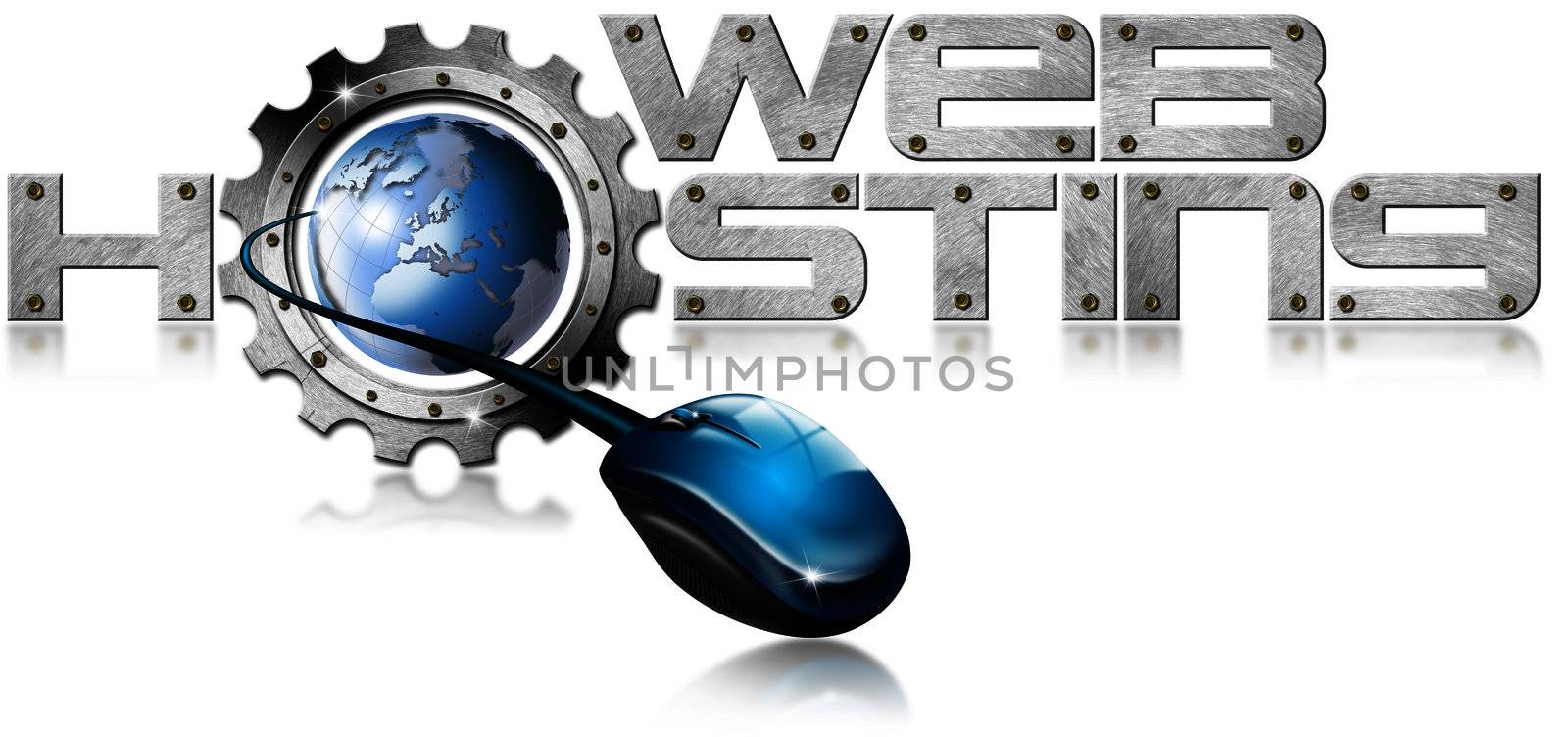 Illustration with metal written Web Hosting, metal gear, mouse and blue globe