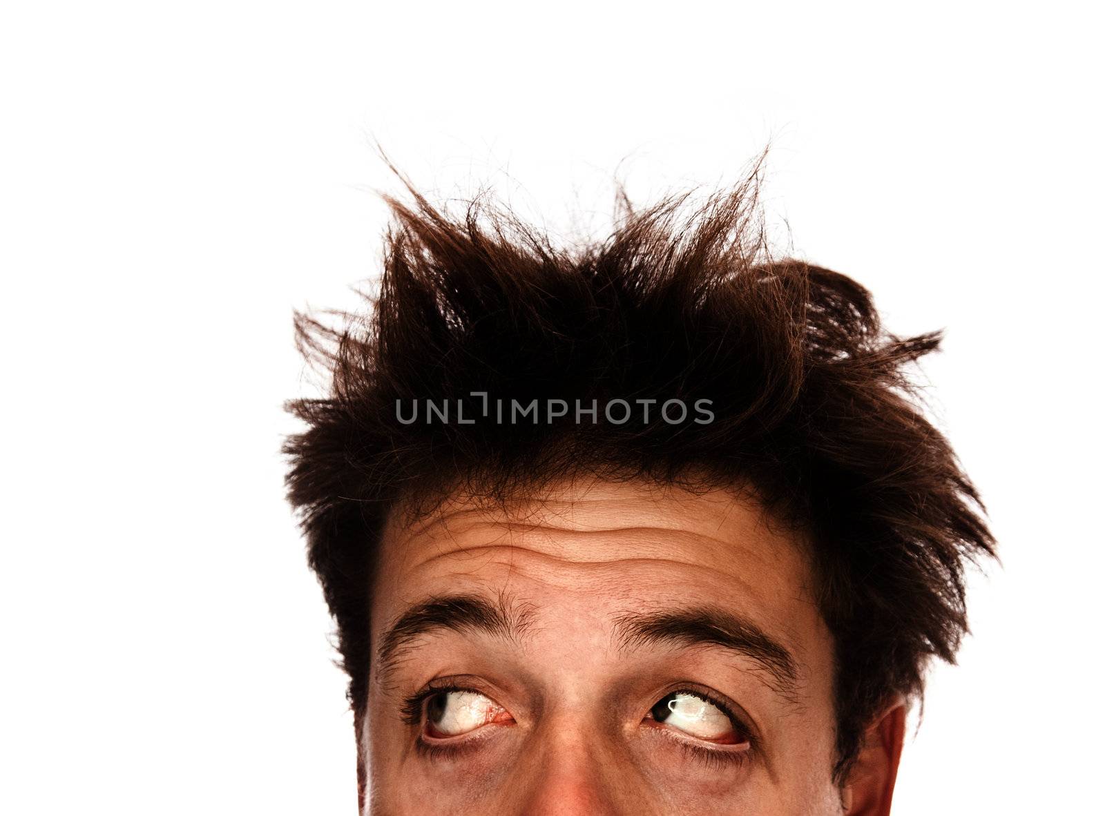 Young adult with mixed hairs and looking tired isolated on white background