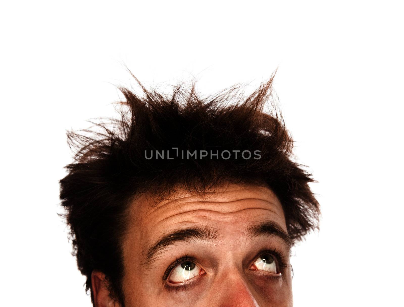 Young adult with mixed hairs and looking tired isolated on white background