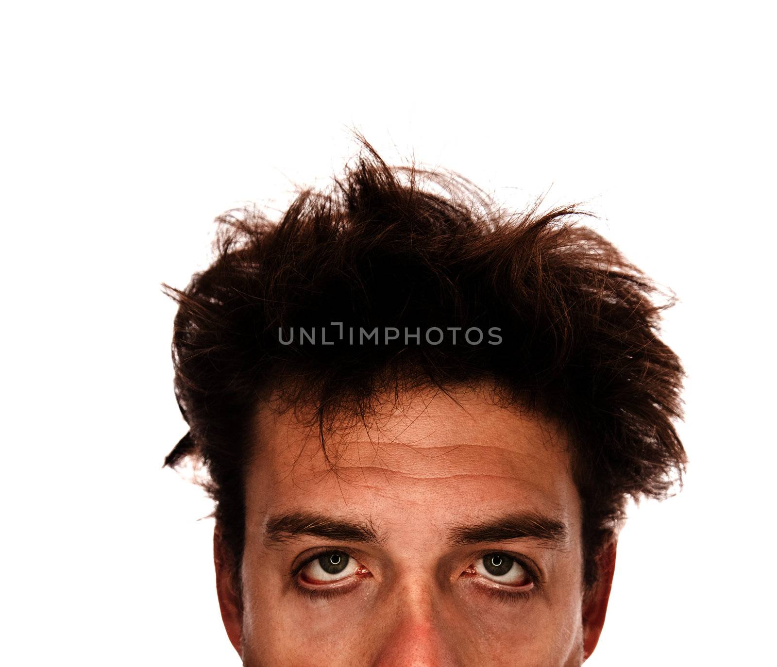 Young adult with mixed hairs and looking tired isolated on white background