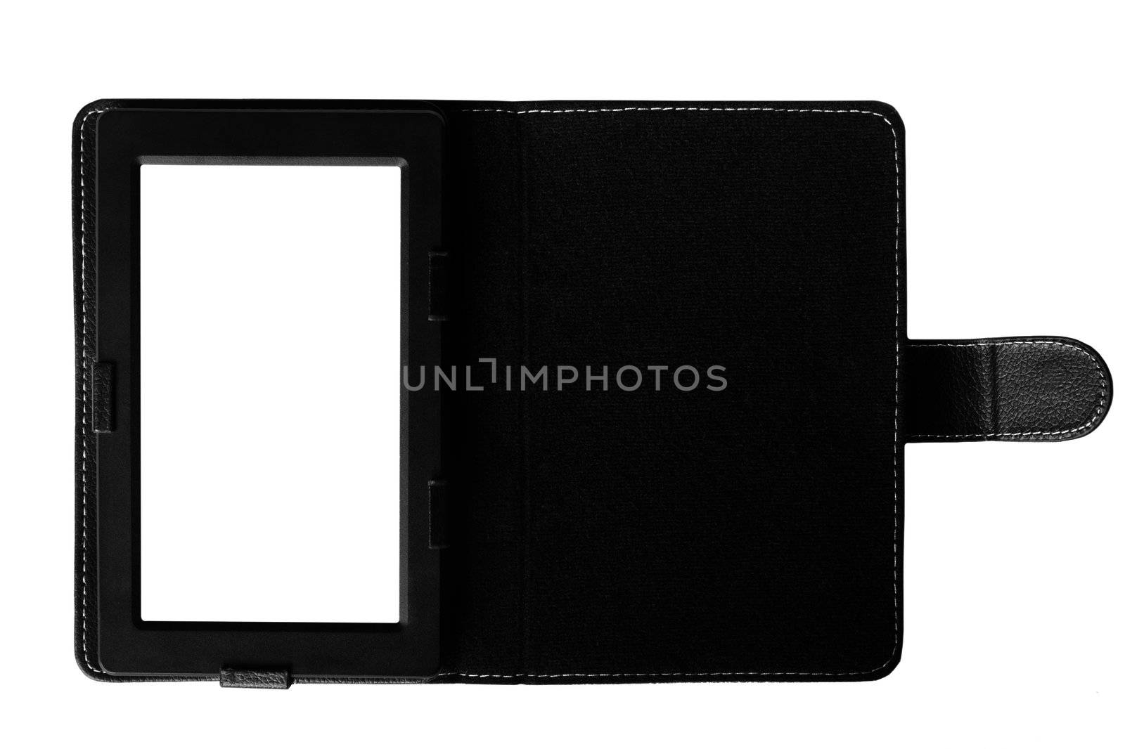 Black tablet computer with case isolated over white background.