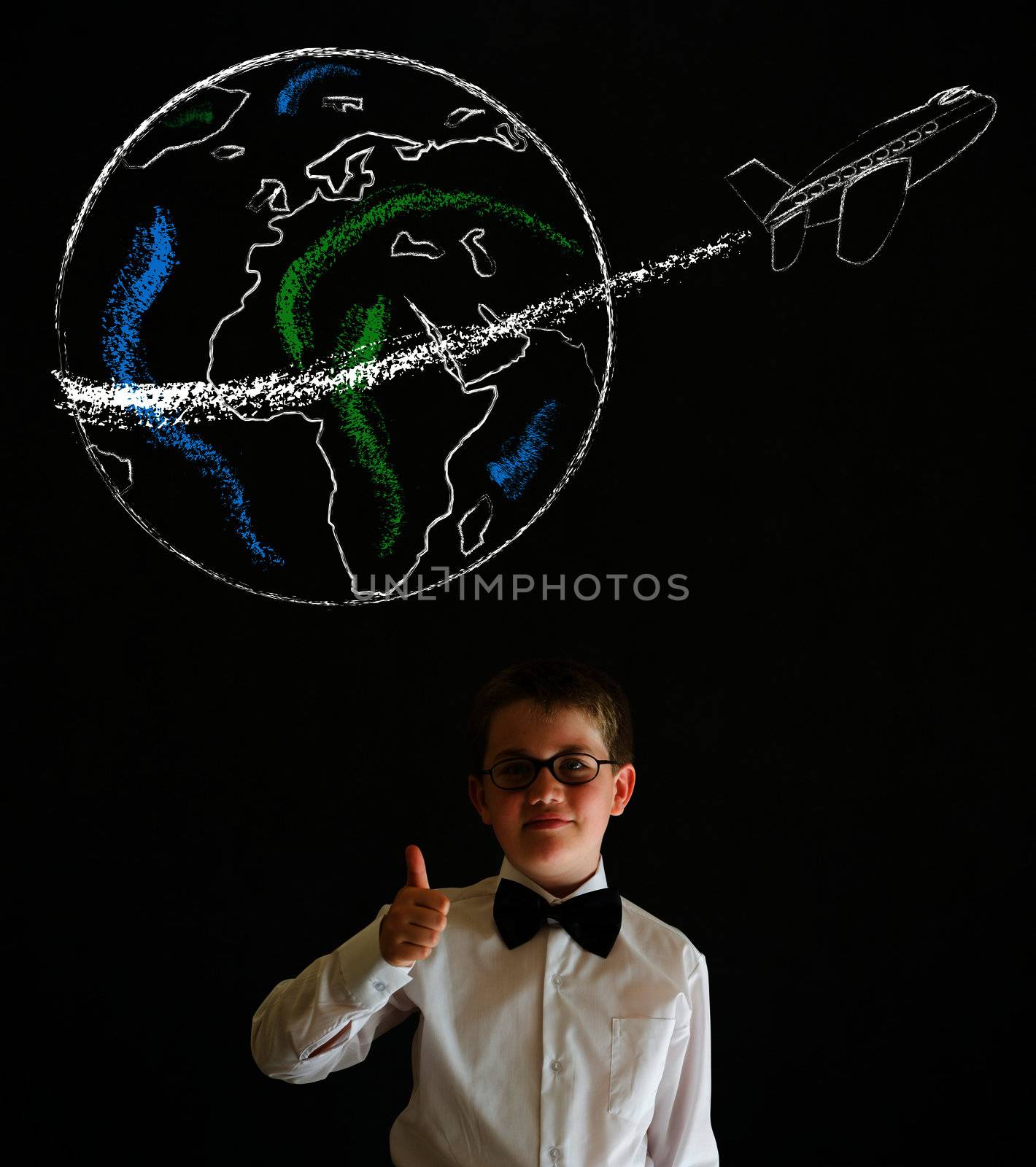Thumbs up boy dressed up as business man with chalk globe and jet world travel on blackboard background
