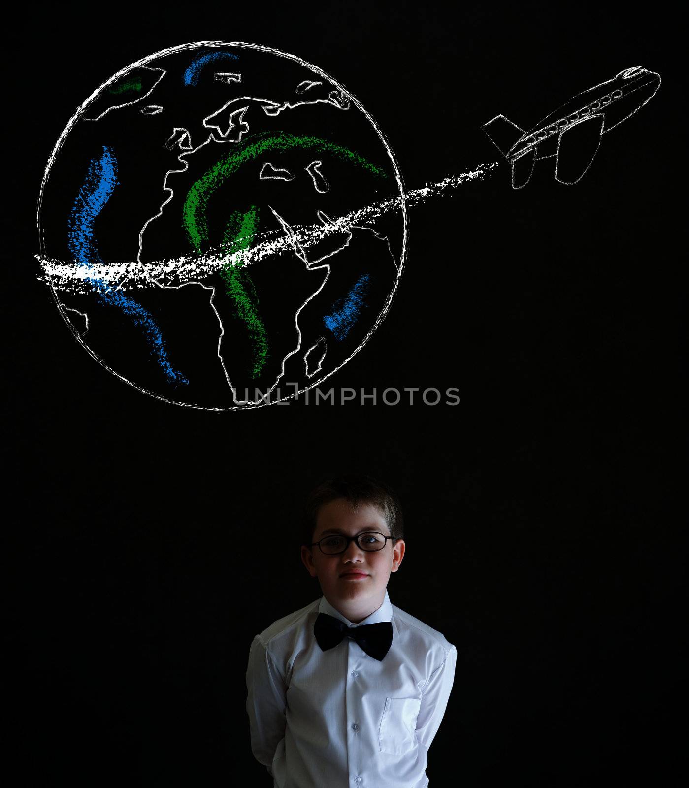 Thinking boy dressed as business man with chalk globe jet by alistaircotton
