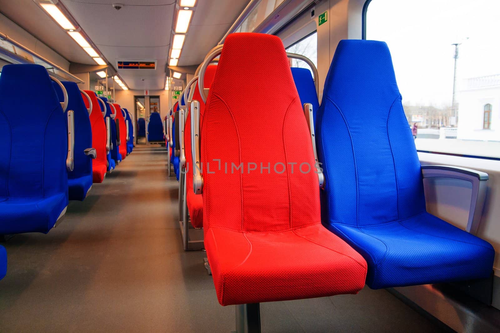 Passenger seats in an empty train. Closeup