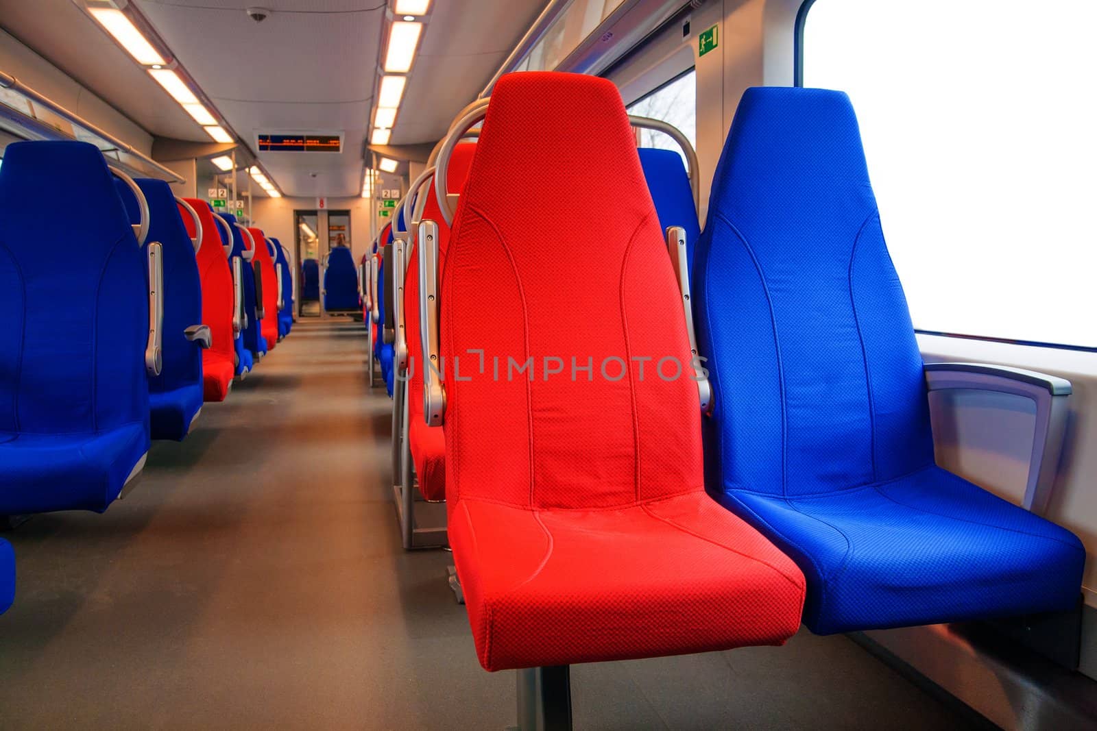 Passenger seats in an empty train. Closeup