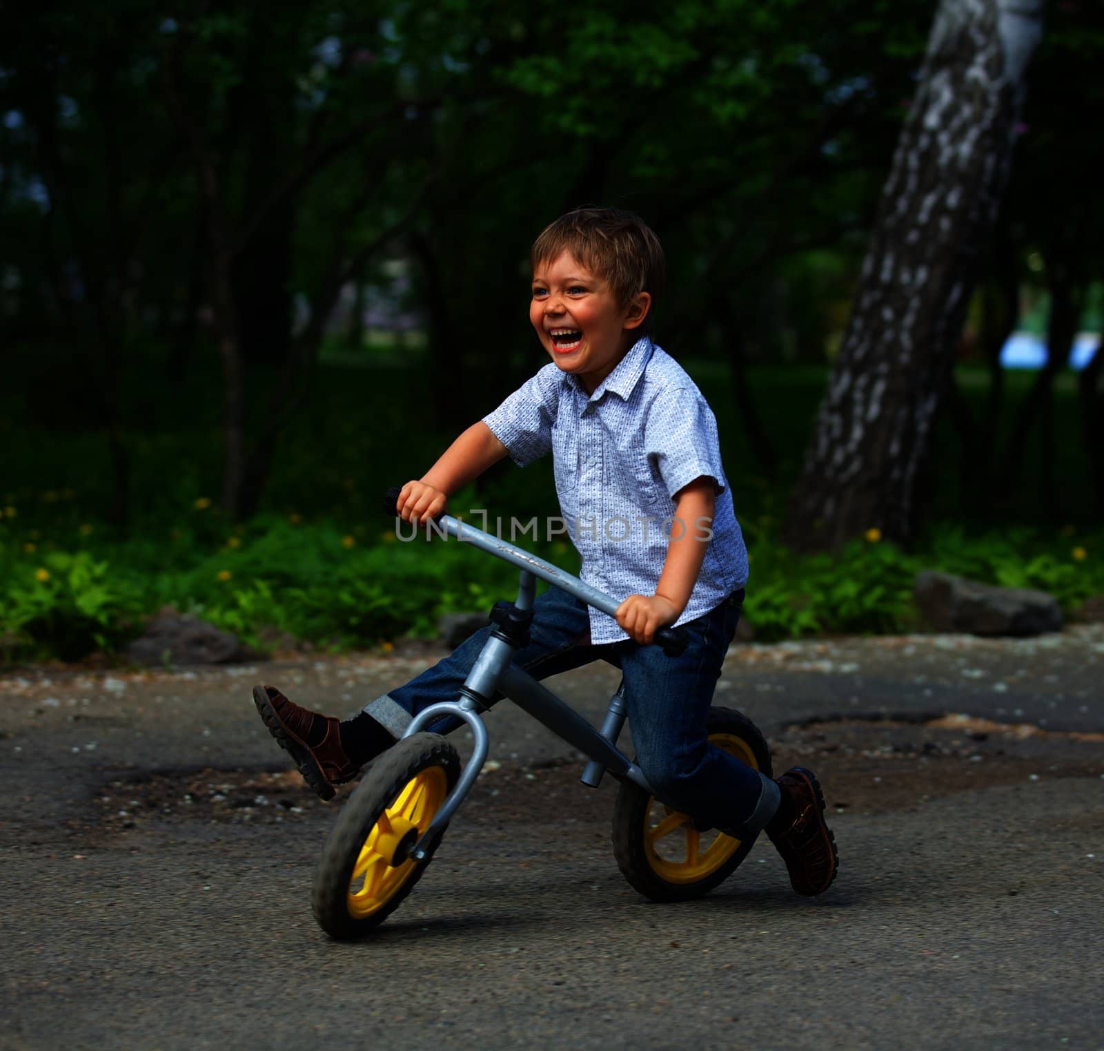 Little boy on a bicycle and his mother in the summer park