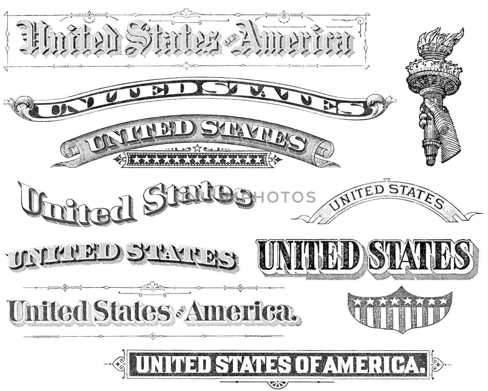 Old, distressed black and white treatments of "United States" from 1870 through 1921.  Isolated on white.