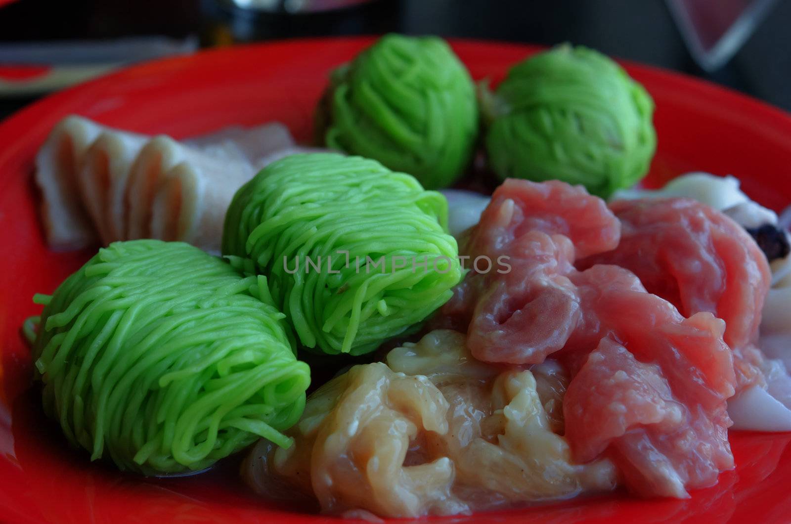 raw meat and green noodle for cook food