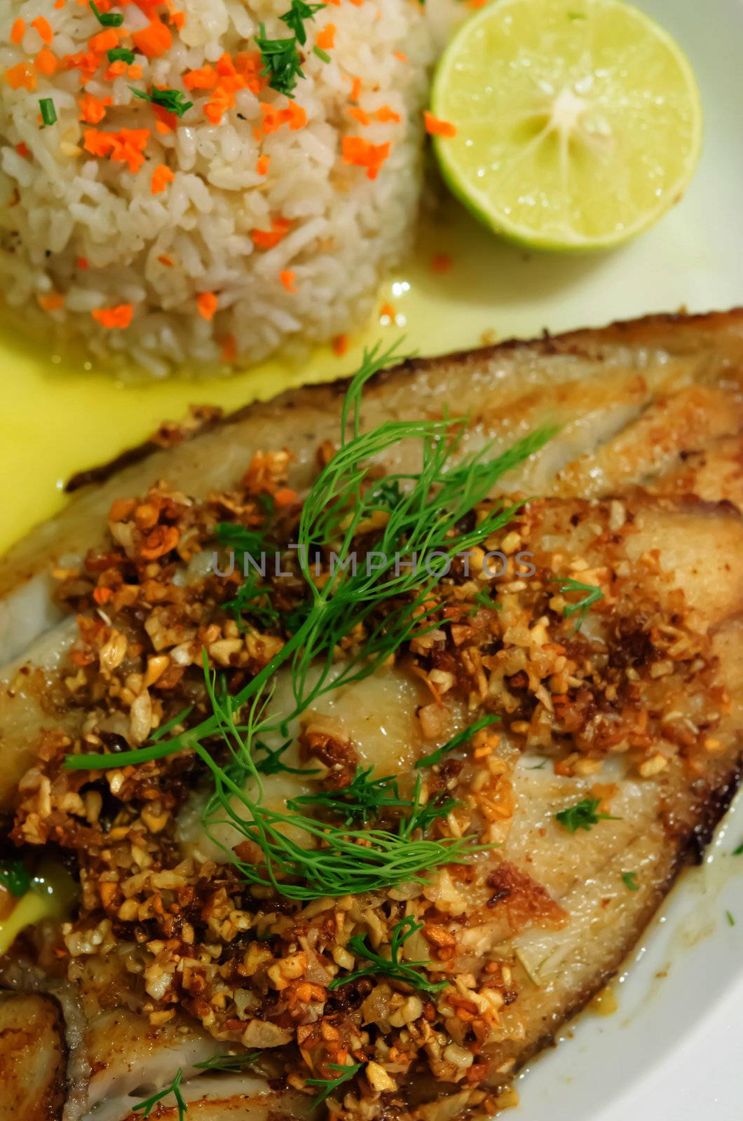 top view fish dish and   fried rice  with  vegetable