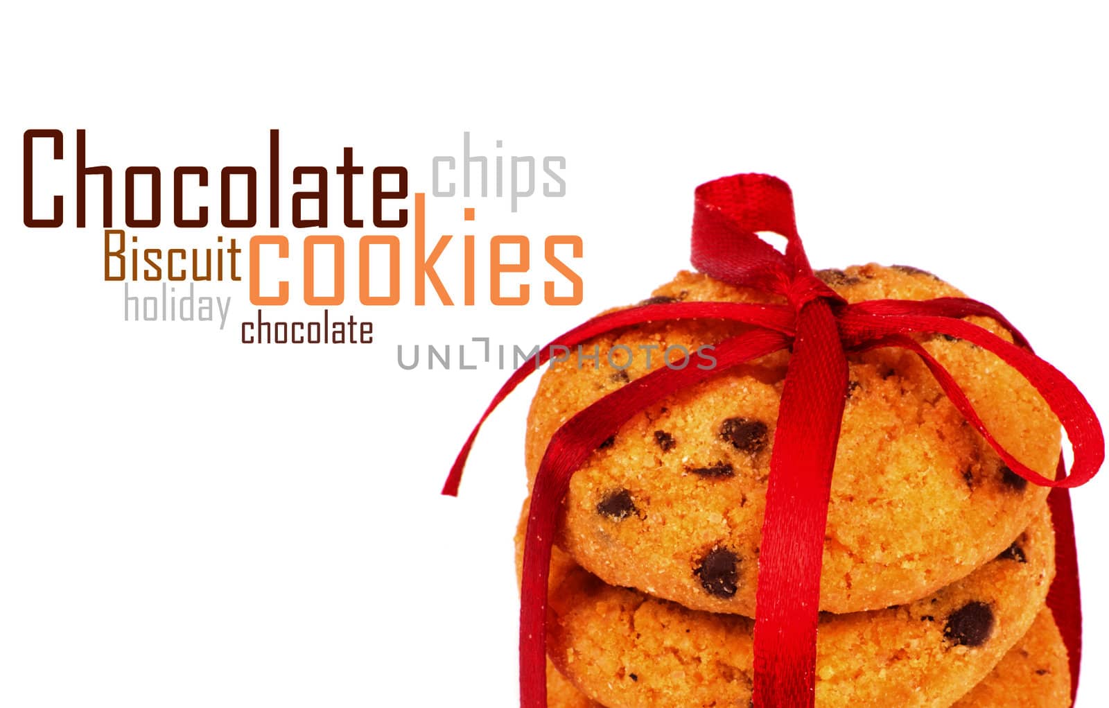 Chocolate chips cookies with red ribbon isolated on white