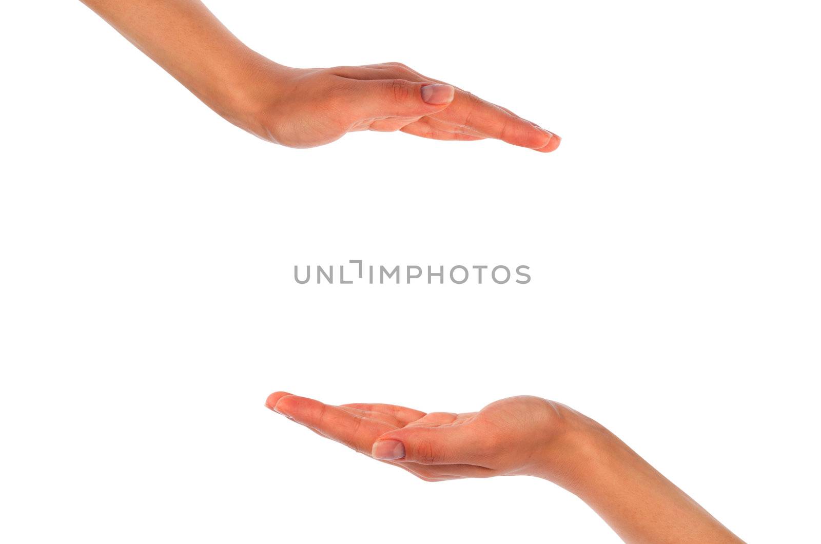 Close-up of beautiful woman's hand, palm up. Isolated on white background