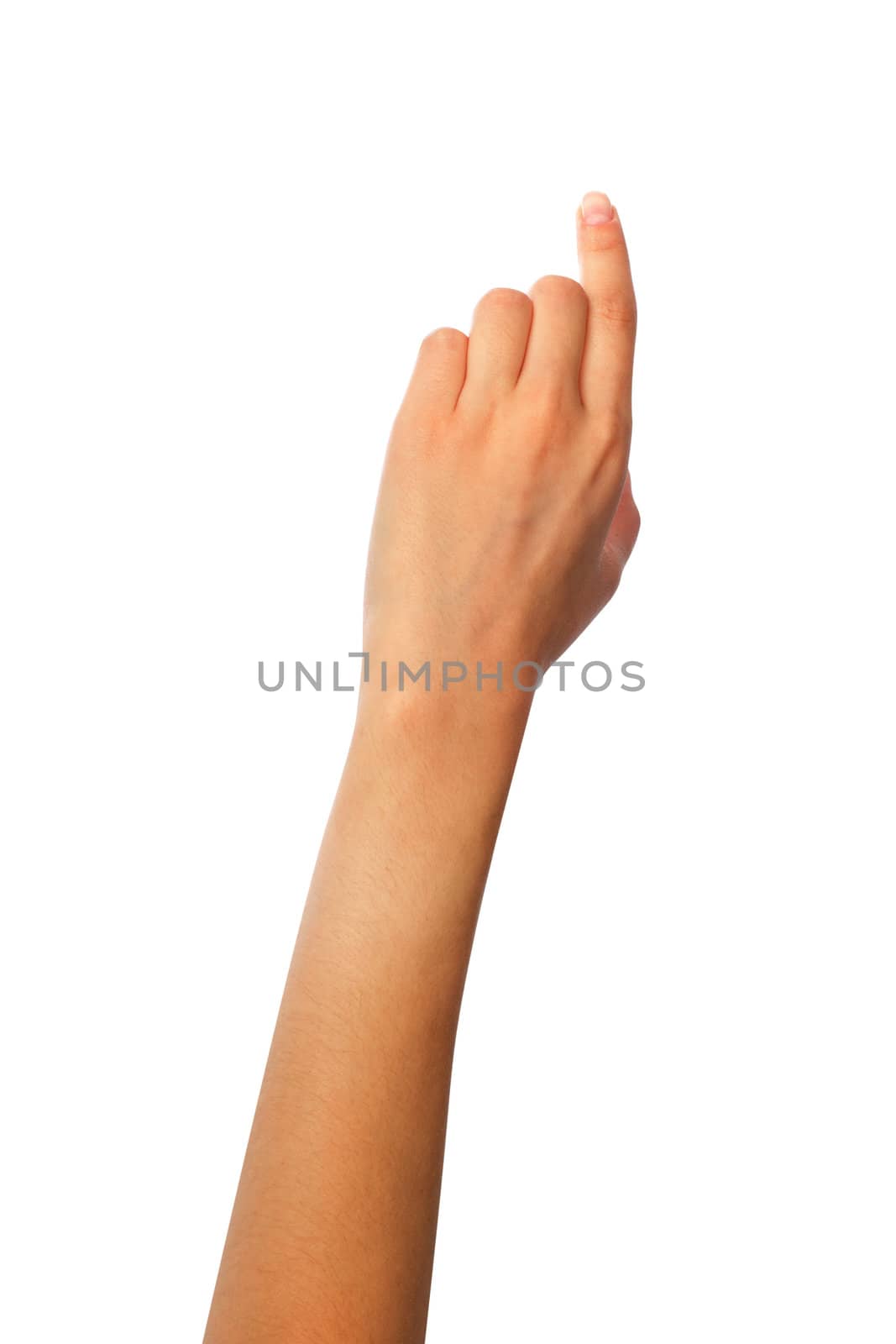 Woman hand touching virtual screen. Isolated on white.